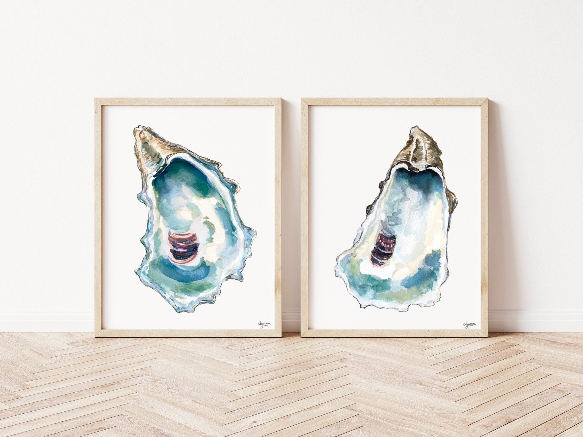 Blue Oyster Watercolor Prints, Sea Shell Print Set, Coastal Print Set - ArtByAlexandraNicole