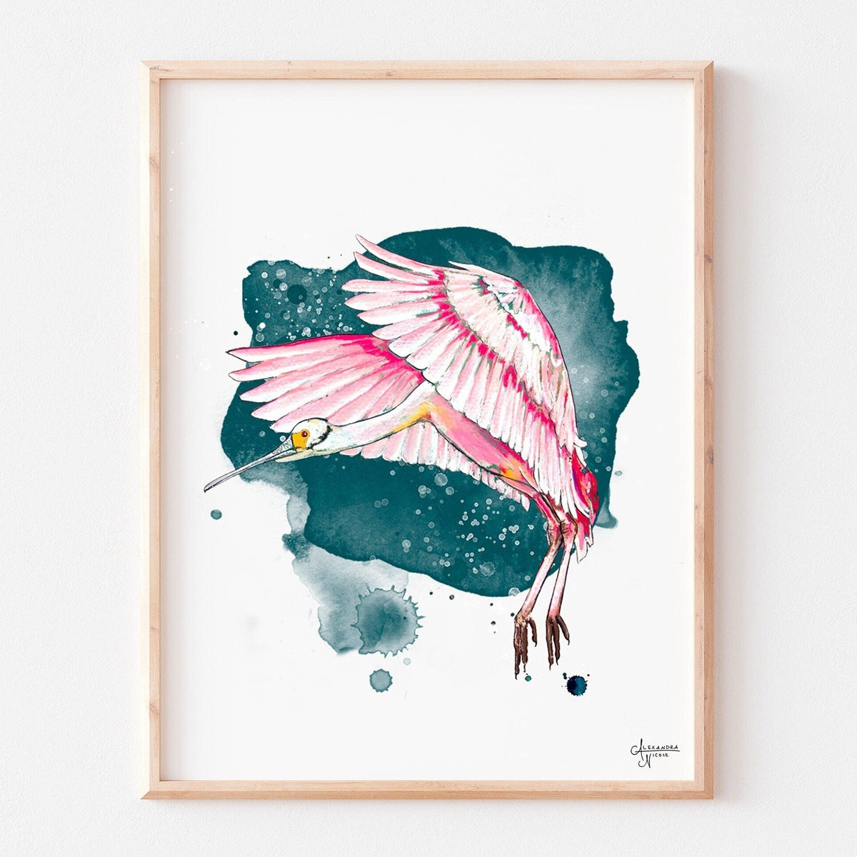 Roseate Spoonbill Watercolor Pen & Ink Giclée print, Framed Spoonbill Wall Art, Bird lovers 2024 gift, Stocking stuffer Spoonbill print