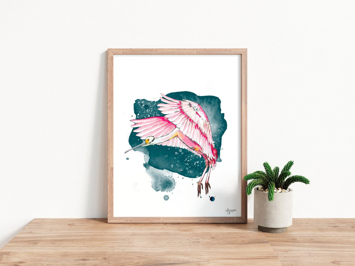 Top Roseate Spoonbill Watercolor Pen & Ink Giclée print, Framed Spoonbill Wall Art, Bird lovers gift, Stocking stuffer Spoonbill print