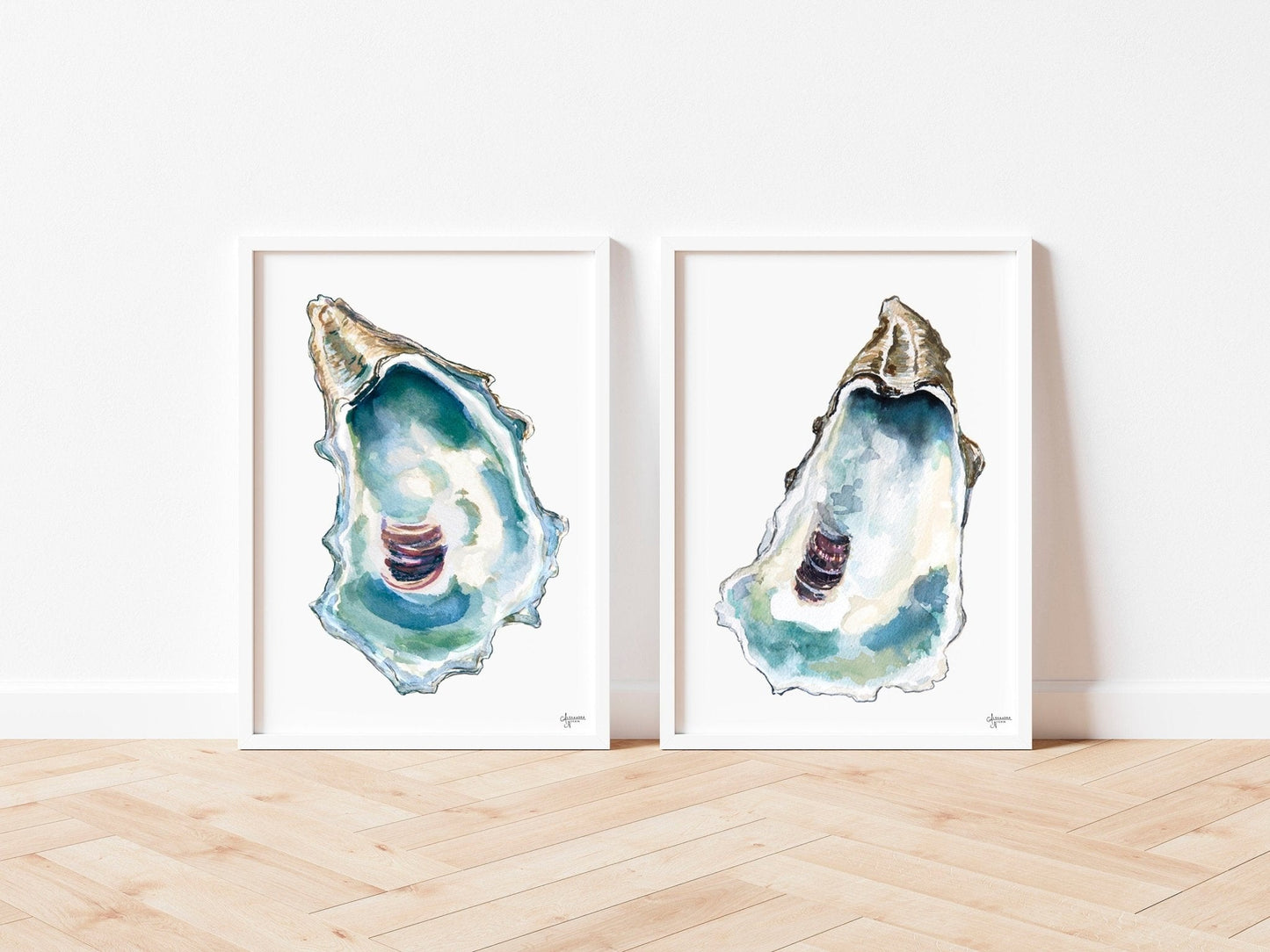 Blue Oyster Watercolor Prints, Sea Shell Print Set, Coastal Print Set - ArtByAlexandraNicole