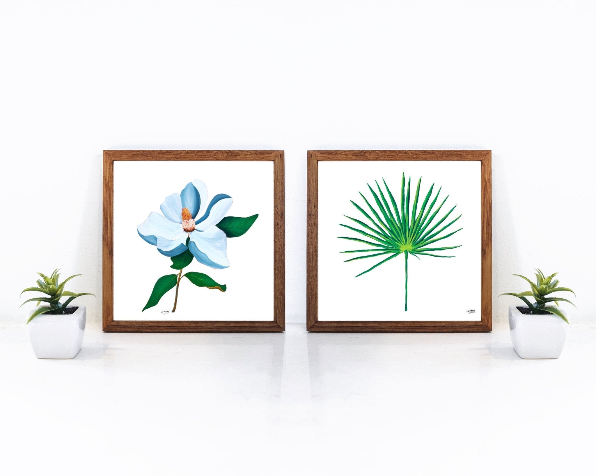 Botanical Print Set of 2, Palmetto Frond and Magnolia Flower Art - ArtByAlexandraNicole