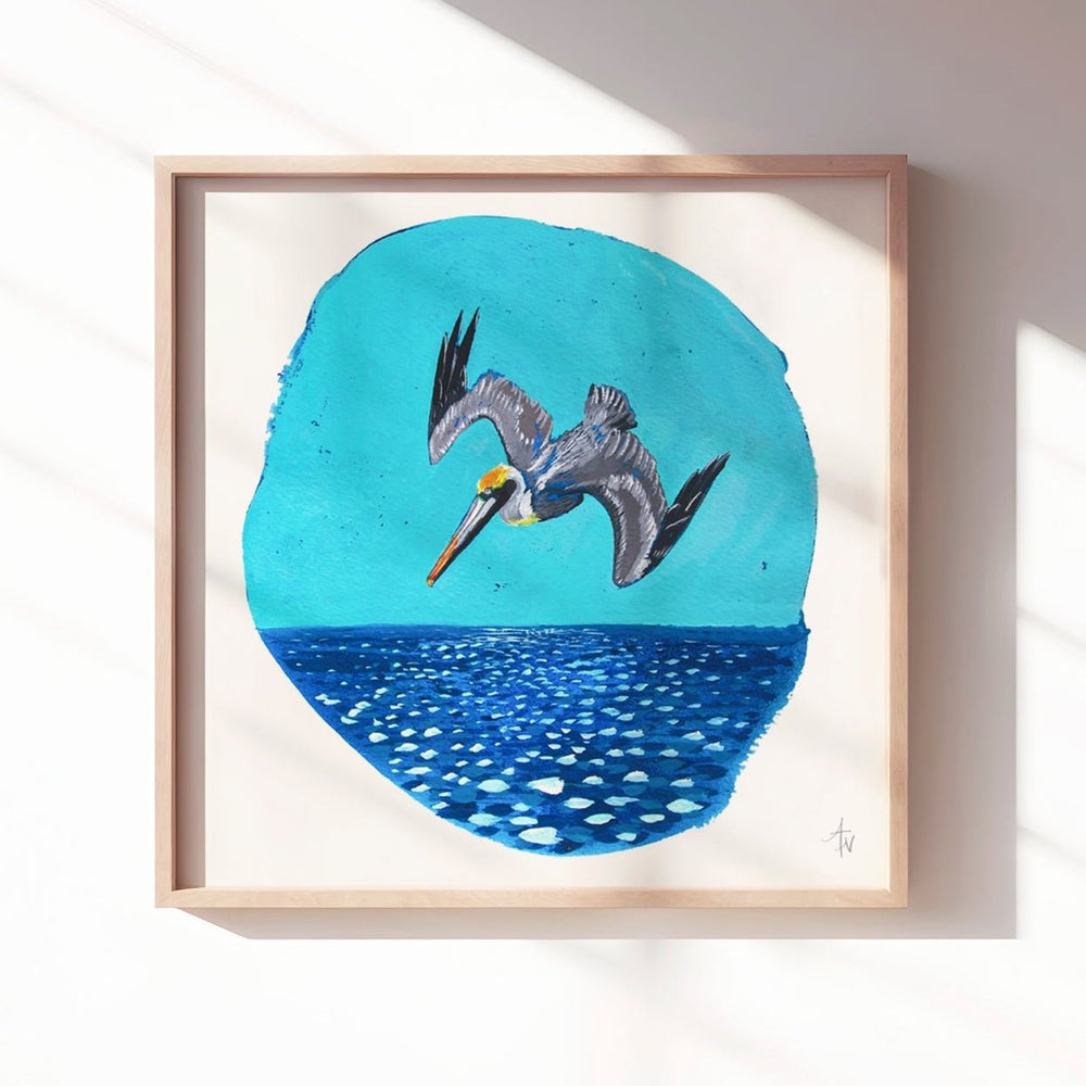 Pelican Plunge Fine Art Print: Coastal Bird Painting | Beach House Decor - ArtByAlexandraNicole
