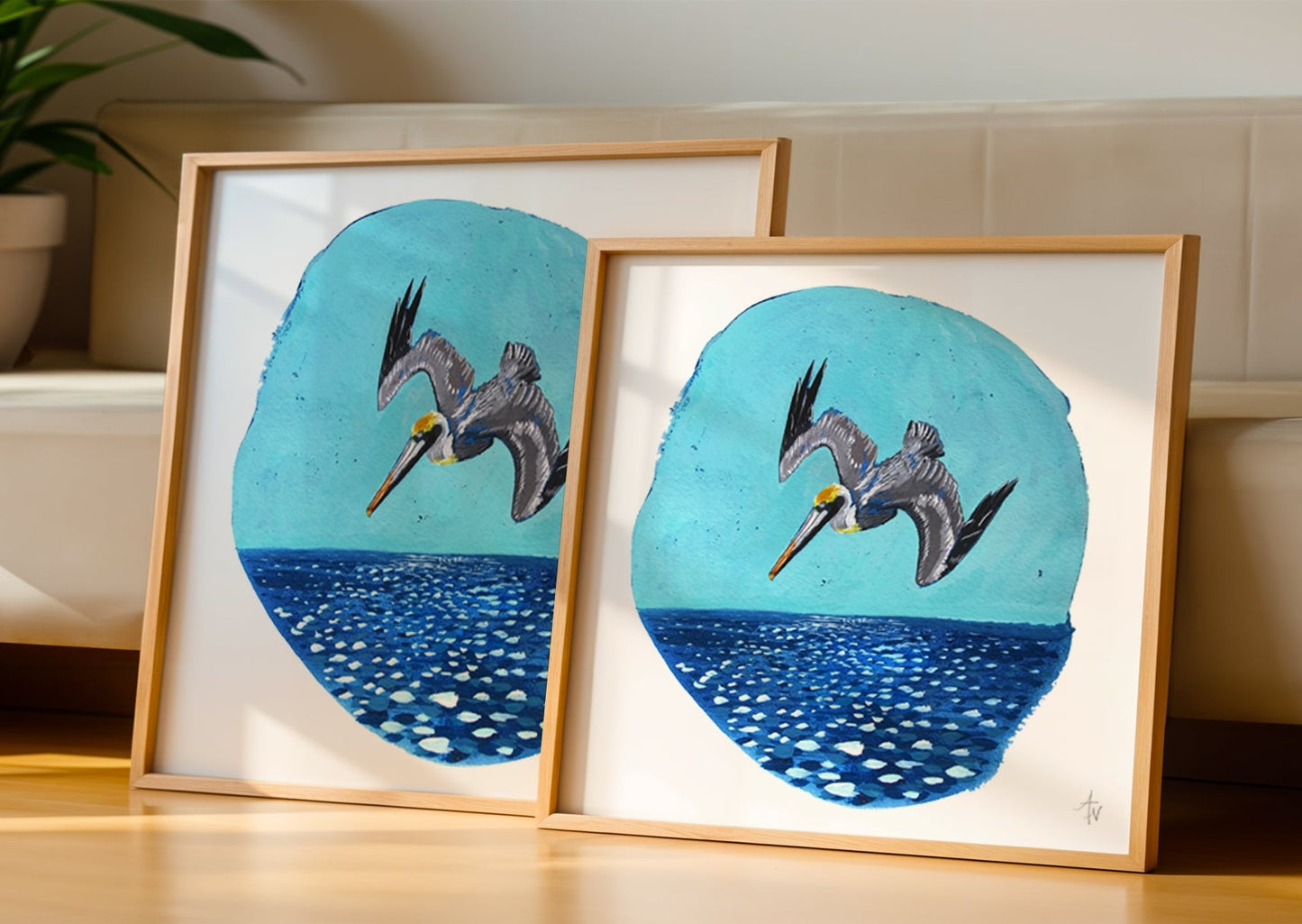 Pelican Plunge Fine Art Print: Coastal Bird Painting | Beach House Decor - ArtByAlexandraNicole
