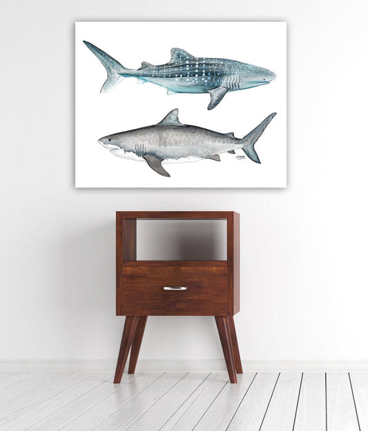 Tiger and Whale Shark Watercolor Art Print - ArtByAlexandraNicole