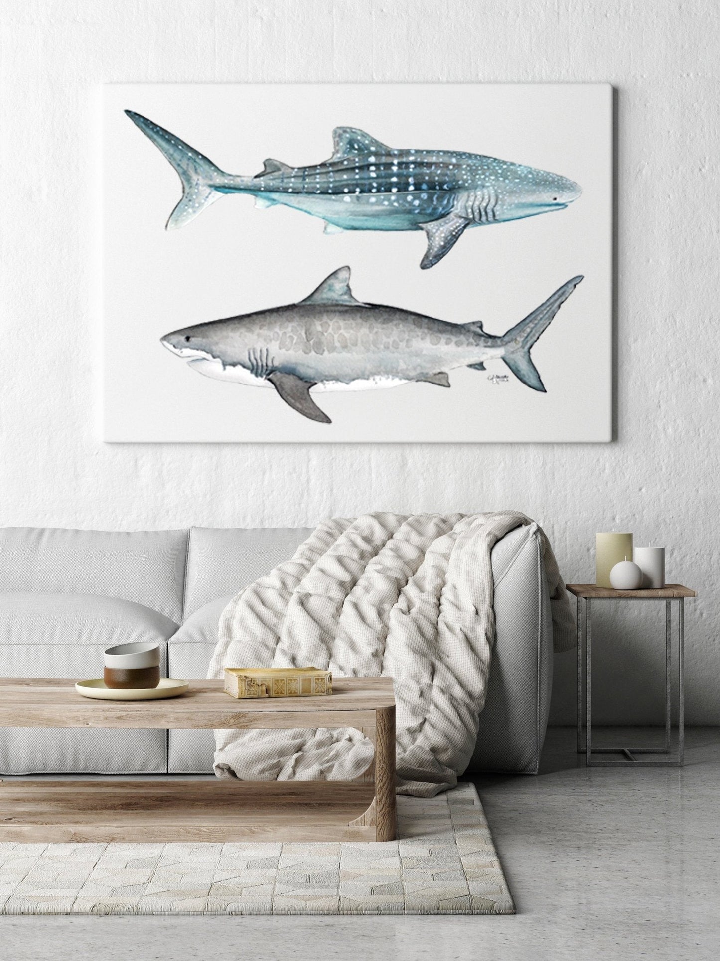 Tiger and Whale Shark Watercolor Art Print - ArtByAlexandraNicole