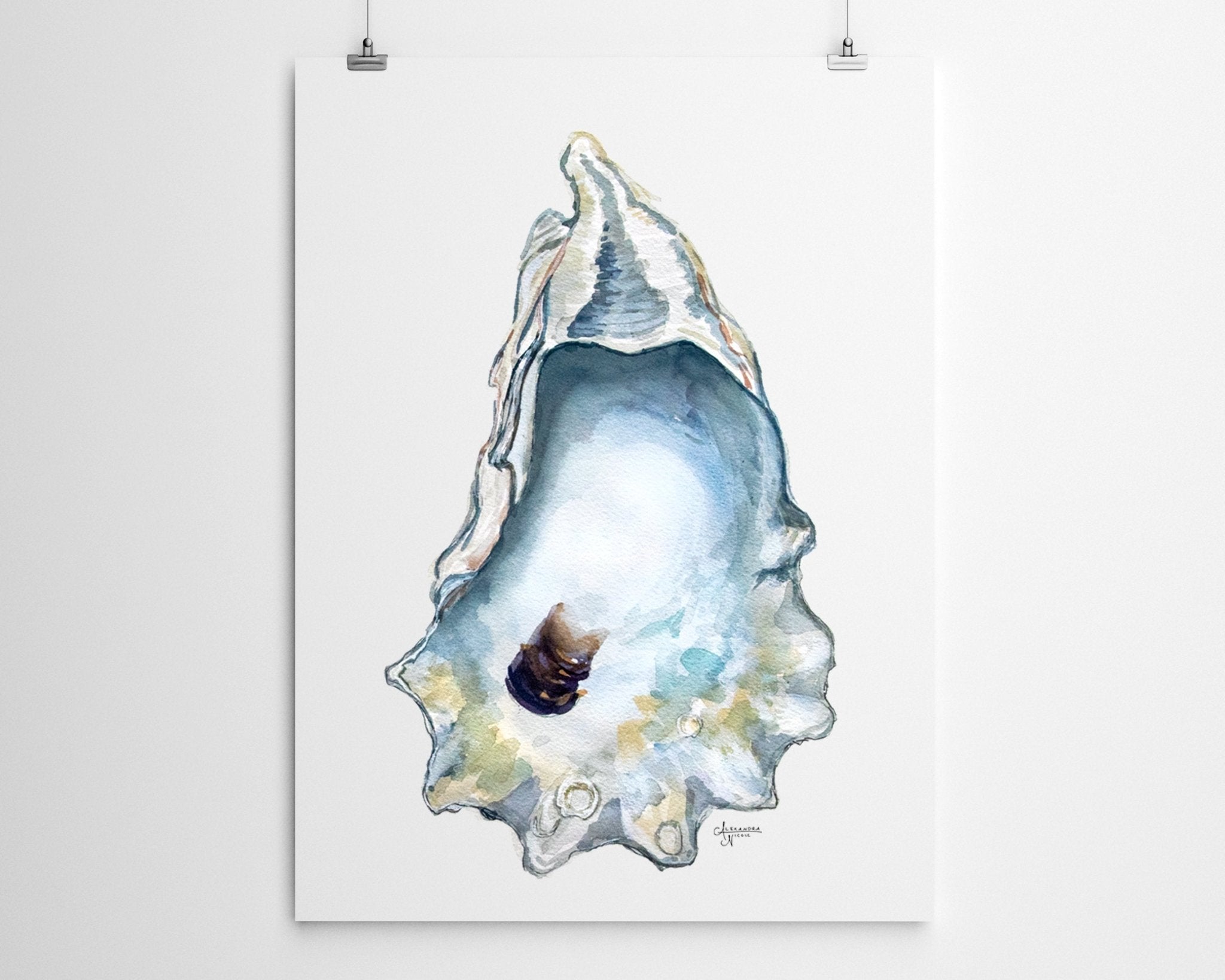 Watercolor Oyster Shell Fine Art Print, Title Great Dunes - ArtByAlexandraNicole