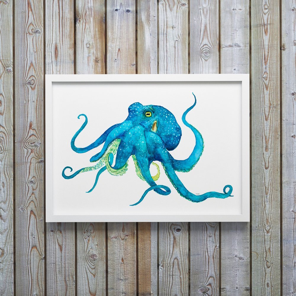 Blue Octopus Watercolor Art Print - ArtByAlexandraNicole