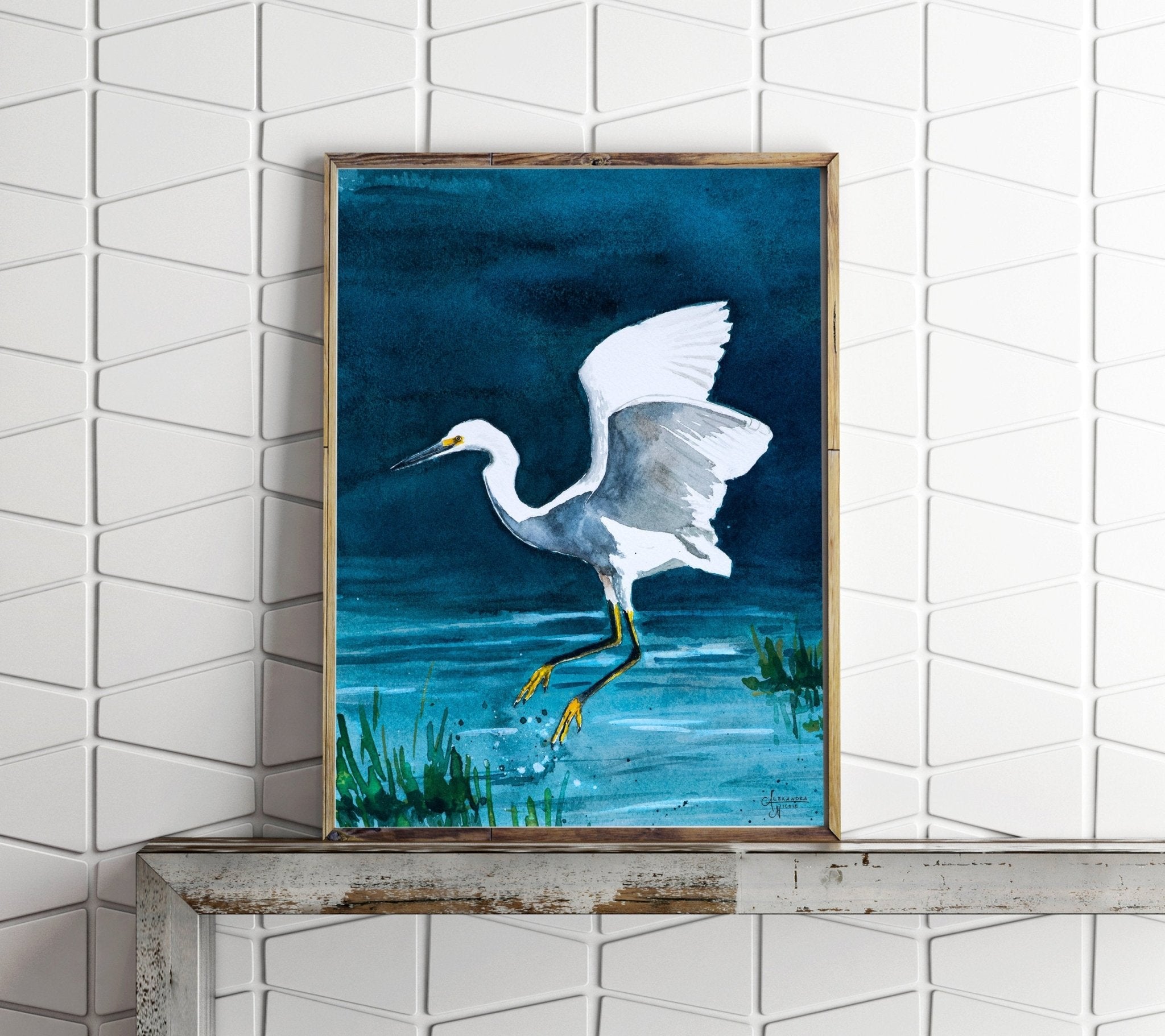 Snowy Heron or White Egret, Bird Print