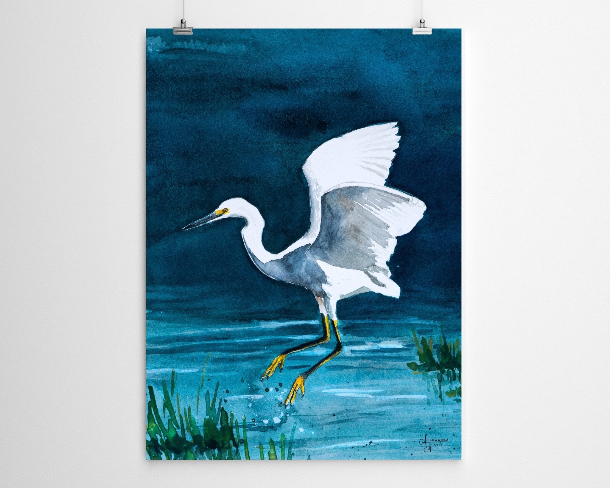 Snowy Egret Watercolor Print - ArtByAlexandraNicole