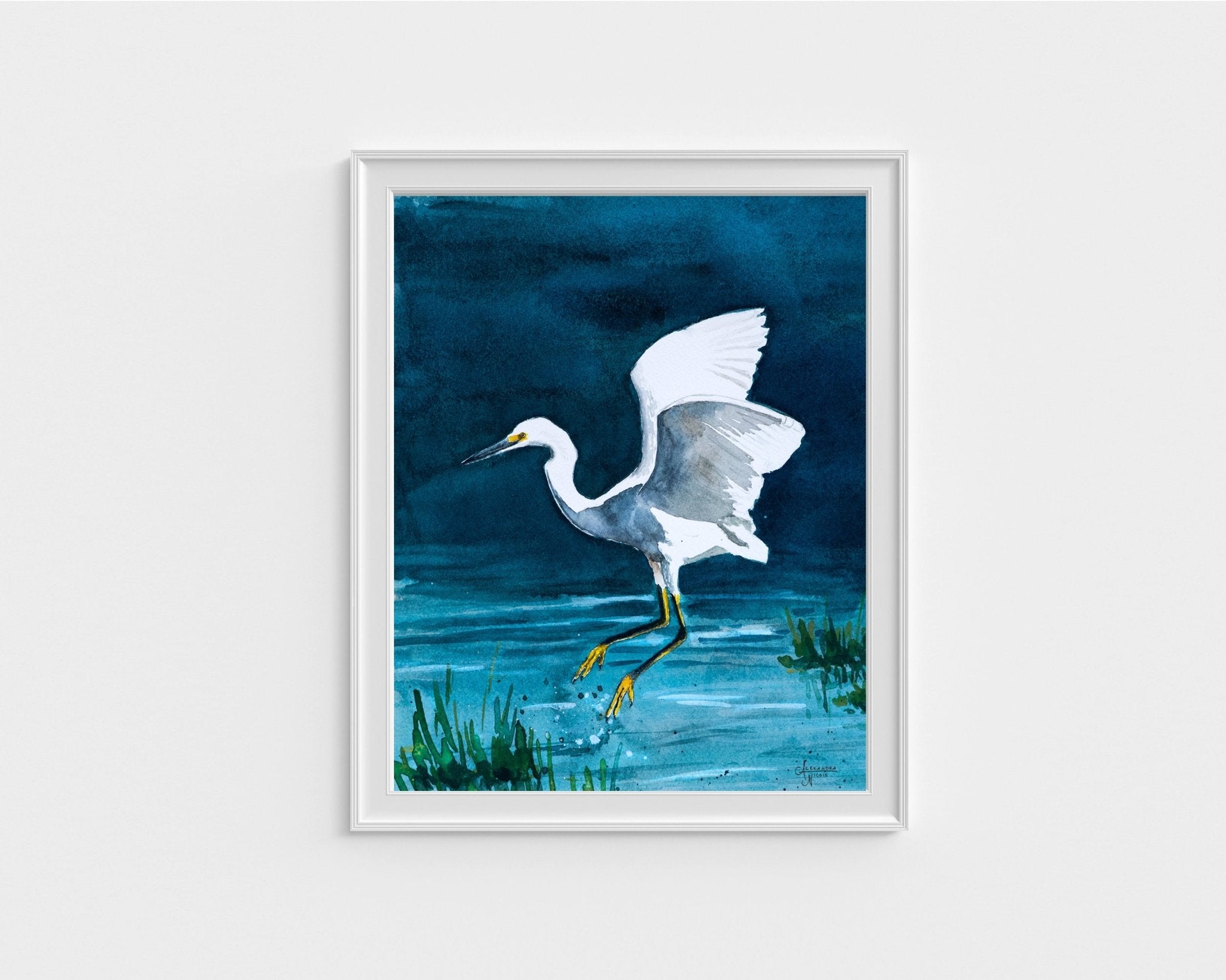 Snowy Egret Watercolor Print - ArtByAlexandraNicole