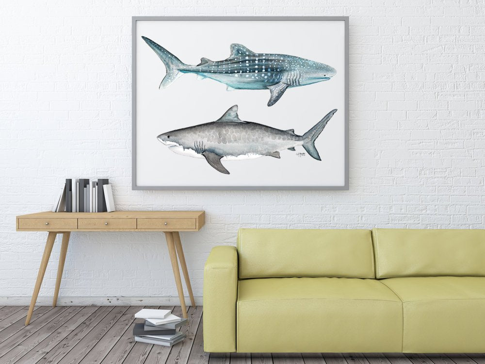 Tiger and Whale Shark Watercolor Art Print - ArtByAlexandraNicole