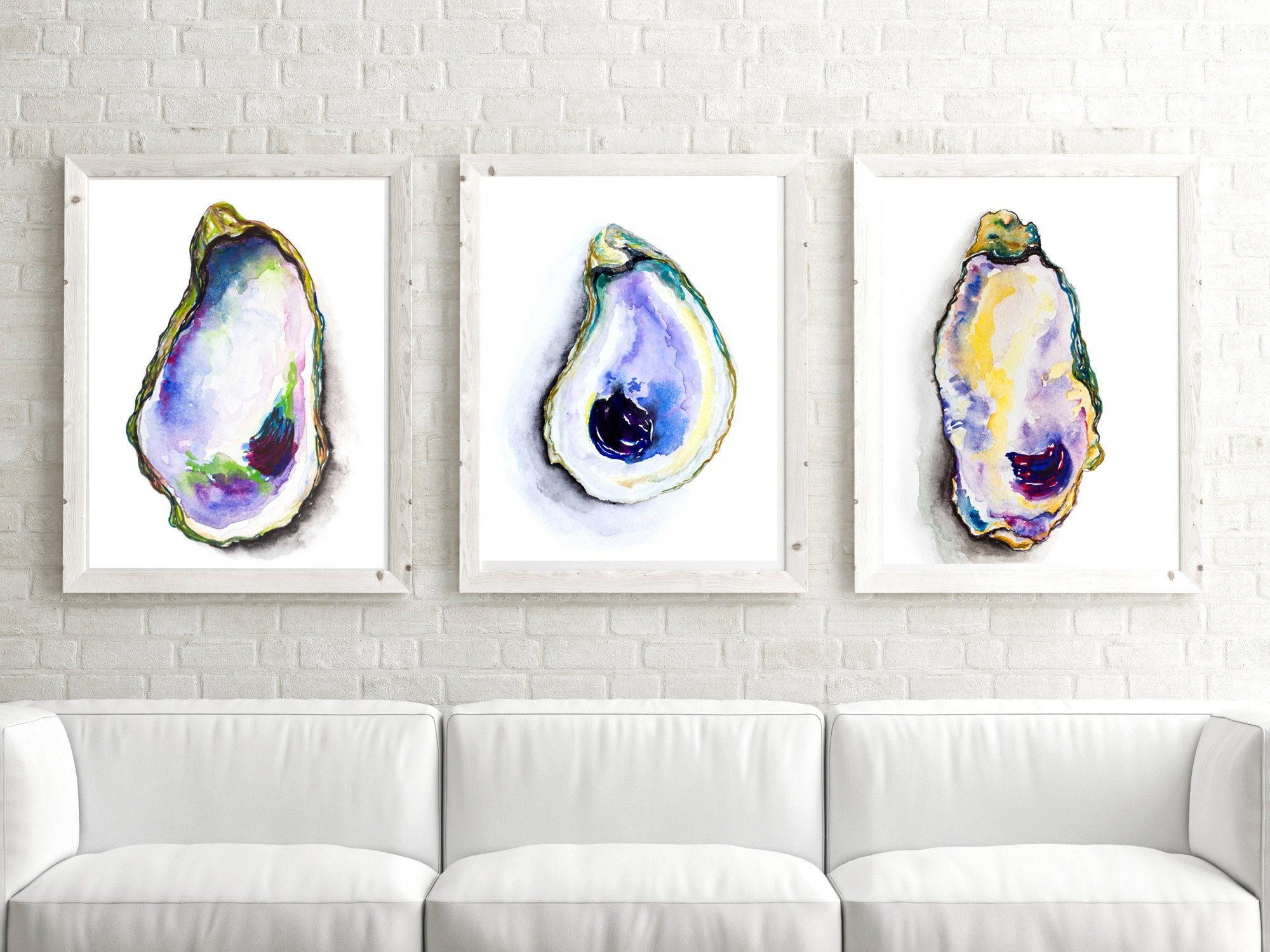 Watercolor Oyster Shell Trio Print Set in Purple, Yellow and Green - ArtByAlexandraNicole